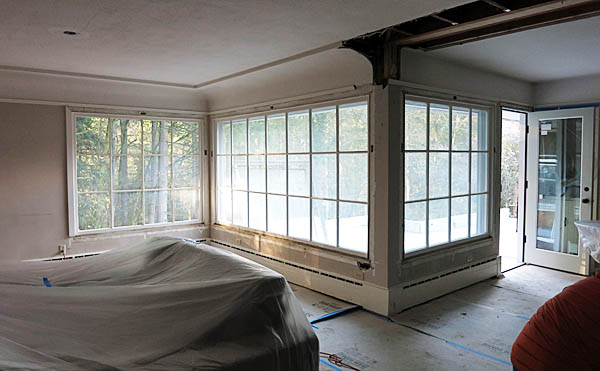 A view from inside showing the living and dining room windows.